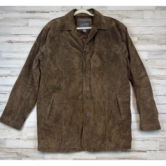 Cezani Genuine Suede Leather Car Coat Jacket Mens Large Brown Tan Button Front